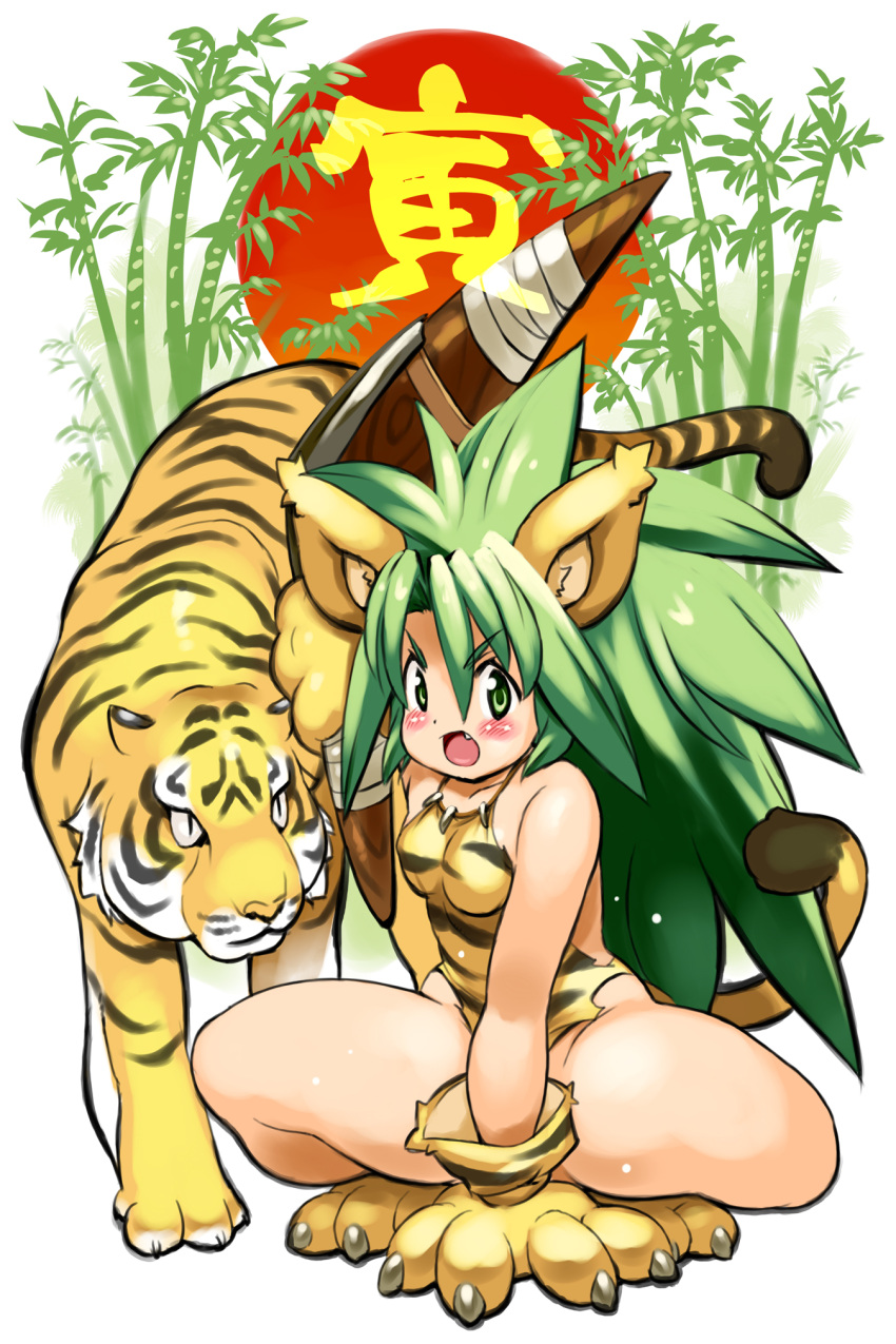 1girl animal animal_ears animal_hands animal_print blush boomerang breasts cat_ears cat_girl cham_cham commentary_request gloves green_hair highres long_hair open_mouth paw_gloves paw_shoes samurai_spirits shirt sleeveless sleeveless_shirt small_breasts squatting tail tiger tiger_ears tiger_girl tiger_paws tiger_print tiger_tail translated v-shaped_eyebrows very_long_hair yu_3