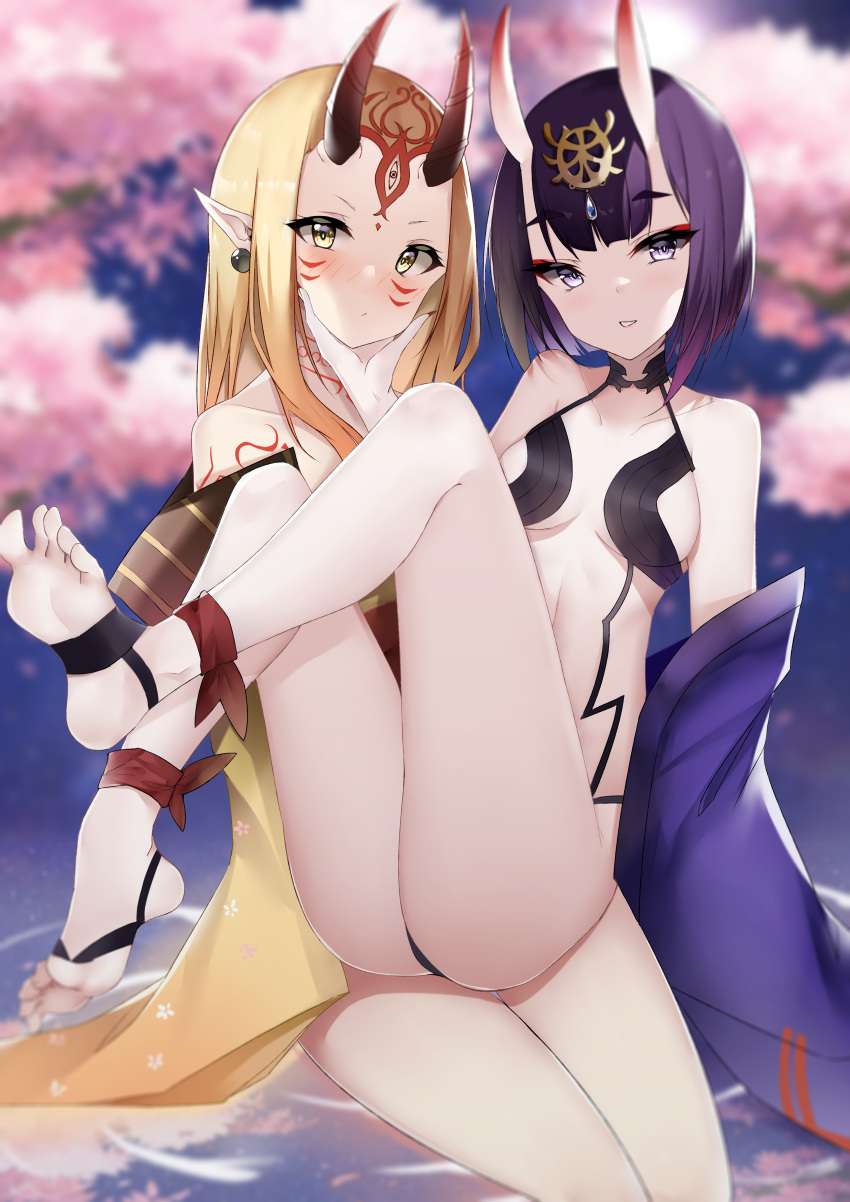 2girls absurdres arm_tattoo bangs bare_legs bare_shoulders barefoot bikini black_bikini black_swimsuit blonde_hair blurry blurry_background blush breasts cherry_blossoms closed_mouth collarbone commentary earrings facial_mark facial_tattoo fate/grand_order fate_(series) feet feet_out_of_frame hair_ornament hand_on_another's_chin highres horns ibaraki_douji_(fate) jewelry legs legs_up long_hair looking_at_viewer multiple_girls neck_tattoo oni_horns open_mouth pointy_ears purple_eyes purple_hair short_hair shuten_douji_(fate) sidelocks sitting sitting_on_person small_breasts smile soles swimsuit symbol-only_commentary tattoo thighs toes water yanwulazy yellow_eyes