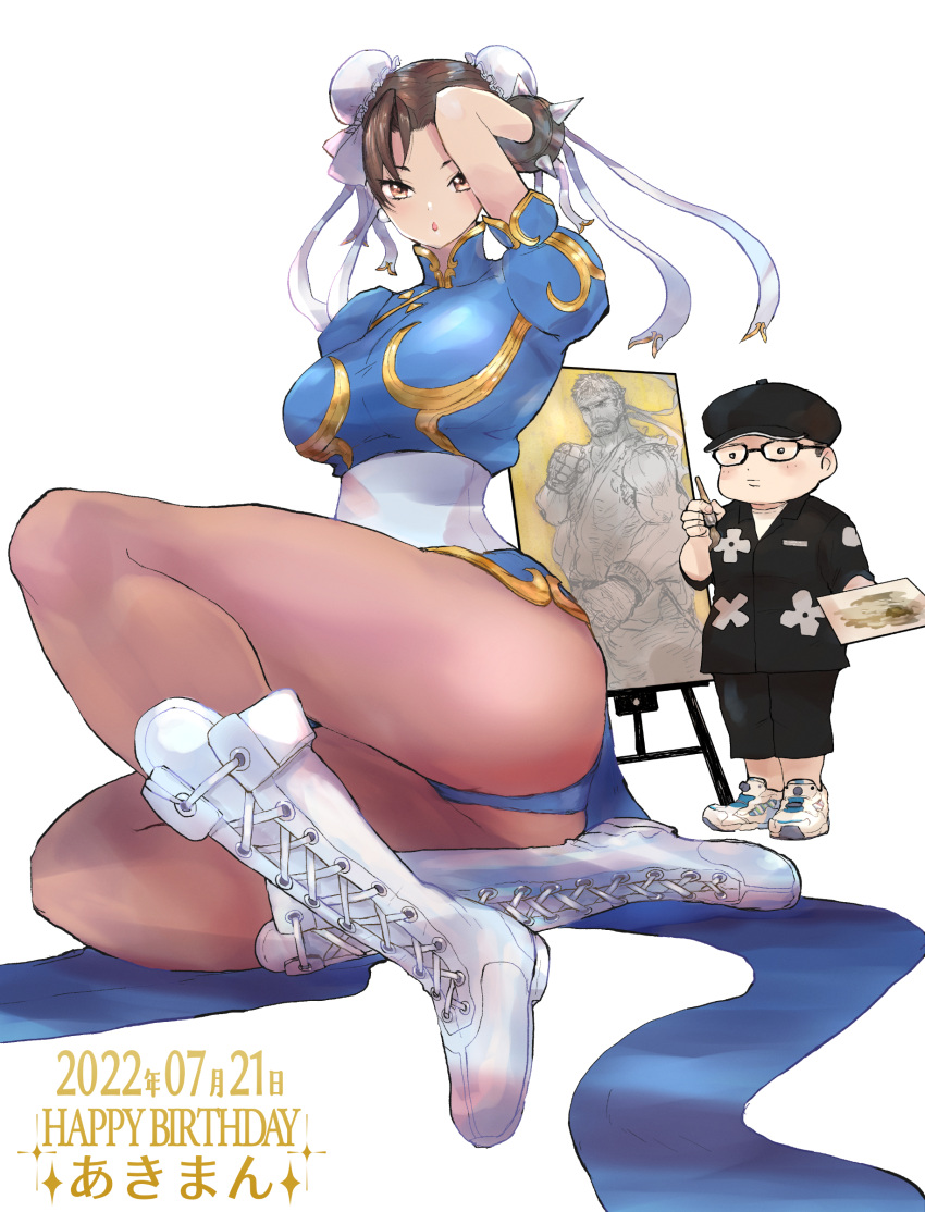 1boy 1girl absurdres bangs boots bracelet breasts brown_eyes brown_hair bun_cover china_dress chinese_clothes chun-li cross-laced_footwear double_bun dress full_body gold_trim hair_bun hair_ornament highres inuyou jewelry knee_boots lace-up_boots looking_at_viewer medium_breasts open_mouth panties pantyhose puffy_short_sleeves puffy_sleeves ryu_(street_fighter) shiny shiny_hair short_sleeves simple_background sitting spiked_bracelet spikes street_fighter street_fighter_6 street_fighter_ii_(series) turtleneck underwear