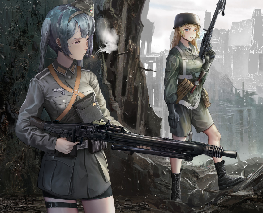 2girls absurdres bag black_footwear black_gloves blue_hair boots cigarette combat_boots cross-laced_footwear girls'_frontline gloves gun helmet highres holding holding_gun holding_weapon lace-up_boots long_sleeves machine_gun mg3 mg34 mg34_(girls'_frontline) mg3_(girls'_frontline) military military_helmet military_uniform multiple_girls nice_(kingzone) ruins satchel shoot side_ponytail smoke thigh_strap uniform war weapon