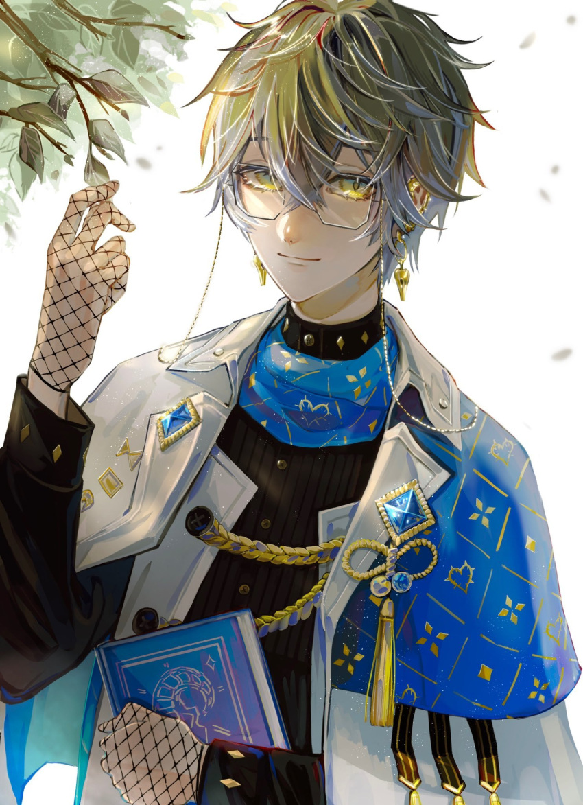 1boy black_shirt blue_capelet blue_eyes blue_hair book capelet earrings eyewear_strap fishnet_gloves fishnets glasses gloves green_eyes green_hair hand_up highres ike_eveland jacket jewelry long_sleeves looking_at_viewer male_focus multicolored_eyes multicolored_hair nijisanji nijisanji_en rovaroca shirt short_hair simple_background solo turtleneck virtual_youtuber white_background white_capelet white_jacket yellow_eyes