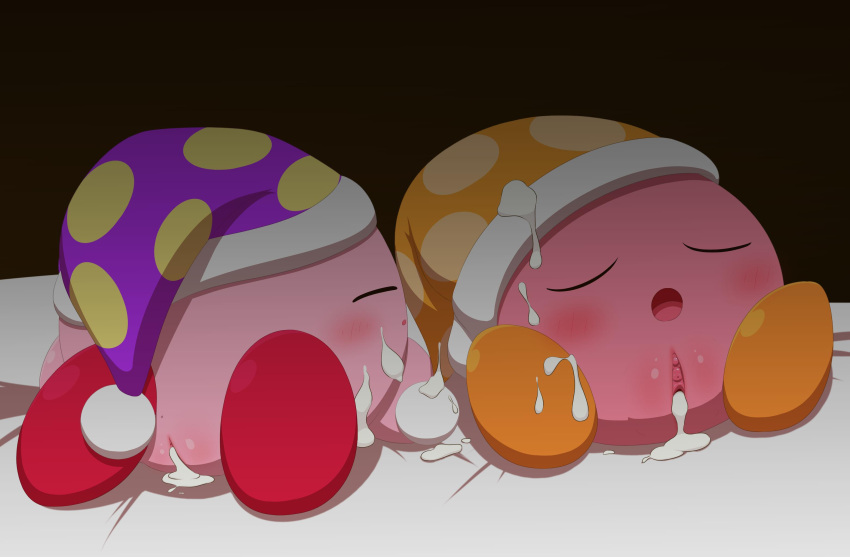 after_sex bed blush bodily_fluids cum cum_in_pussy cum_inside cum_on_face cum_on_feet duo female furniture genital_fluids genitals hi_res kirby kirby_(series) minami_(artist) nintendo noddy_(kirby) on_bed pink_body pussy sleeping sleeping_cap video_games waddling_head