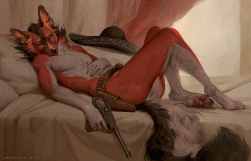 5_fingers absurd_res anthro bed bedroom_eyes belt biped brown_body brown_fur canid canine canis cheek_tuft chest_tuft clothing digital_media_(artwork) dipstick_ears dipstick_tail ear_tuft facial_tuft fingers fur furniture green_eyes gun gun_belt hand_on_stomach hat headgear headwear hi_res holding_gun holding_object holding_weapon honovy looking_at_viewer lycus_(ayx) lying male mammal mane maned_wolf markings multicolored_body multicolored_ears multicolored_fur multicolored_tail narrowed_eyes nude open_mouth orange_body orange_fur ranged_weapon seductive solo sombrero tail_markings tuft weapon wolf