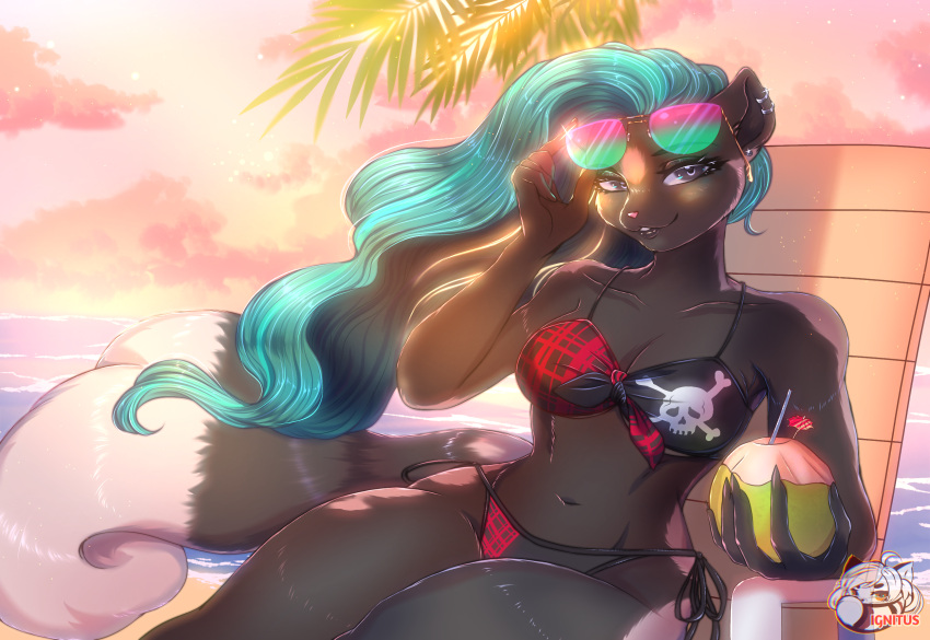 alcohol anthro beach beverage cocktail female hi_res ignitus7 ignituspanda lydia(tombrousseaux) mammal mephitid sea seaside skunk solo sun water