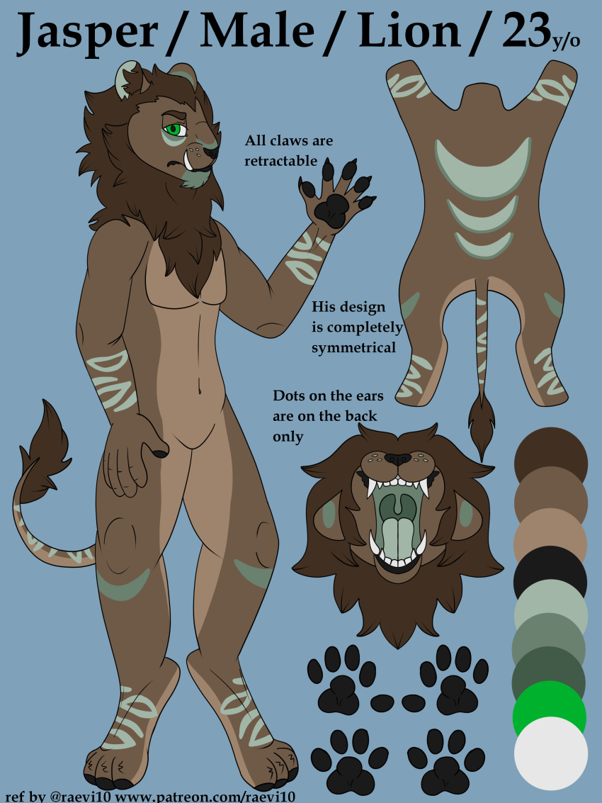 3:4 absurd_res anthro anthro_lion char custom custom_char domestic_cat english_text fan_character fangs felid feline felis furry hi_res lion mammal model_sheet pantherine raevi10 snaggle_tooth teet text tusks url