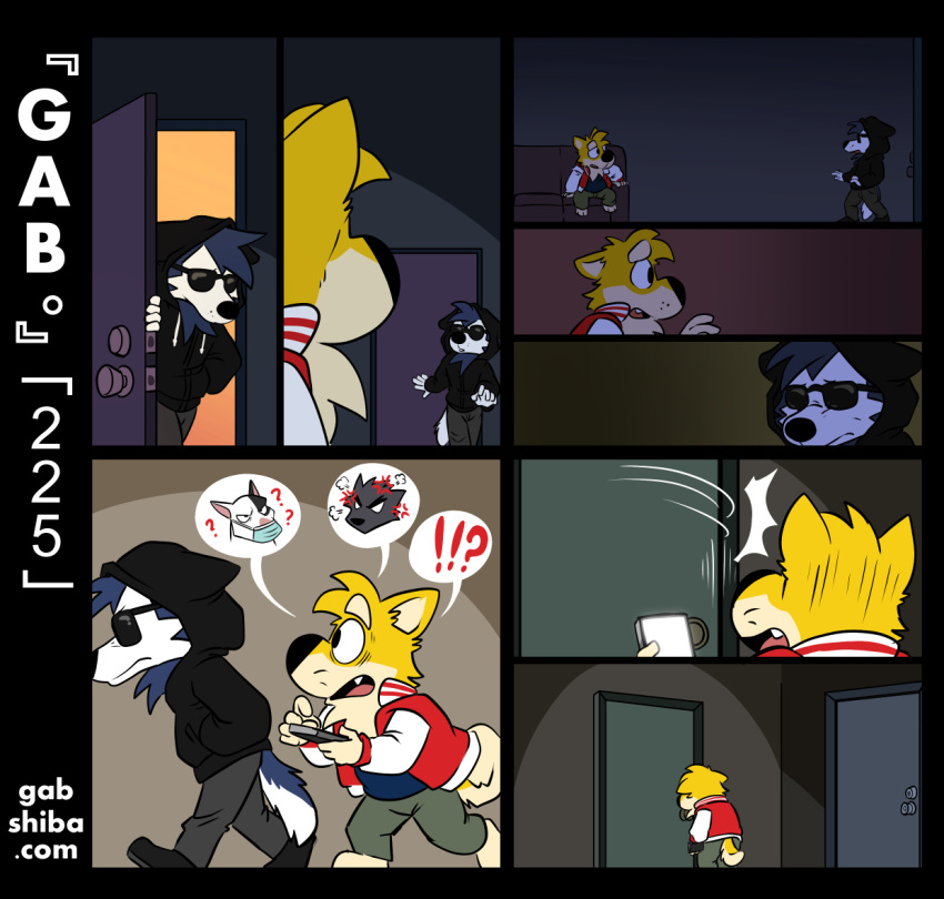 ?! annoyed anthro bau_husky black_clothing black_hoodie black_nose black_topwear blue_body blue_fur canid canine canis cellphone clothed clothing comic concerned curled_tail darkness dialogue disguise domestic_dog door_slam duo ears_down fur gab_(comic) gab_shiba gabshiba holding_cellphone holding_object holding_phone hoodie husky impact_emanata inside male mammal nordic_sled_dog opening_door phone pictographics pit_bullterrier pivoted_ears shiba_inu speech_bubble spitz text topwear url wearing_sunglasses white_body white_fur yellow_body yellow_fur