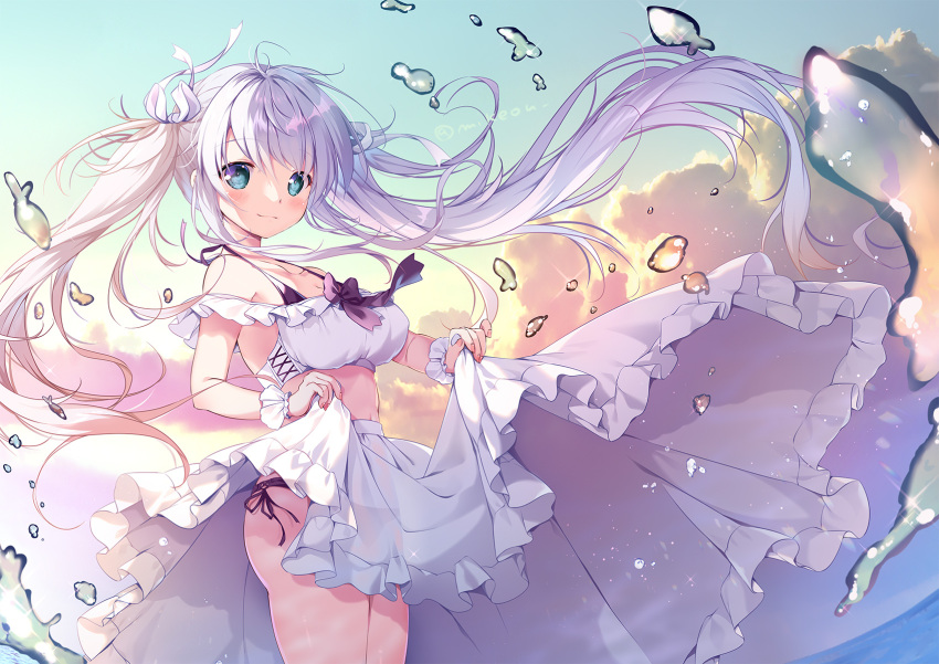 1girl bare_shoulders black_panties blue_eyes blue_sky blush bow breasts closed_mouth cloud collarbone commentary_request frilled_skirt frills grey_hair highres horizon long_hair looking_at_viewer medium_breasts mikeou ocean original outdoors panties purple_bow side-tie_panties skirt skirt_hold sky smile solo sunset twintails twitter_username underwear very_long_hair water water_drop white_skirt