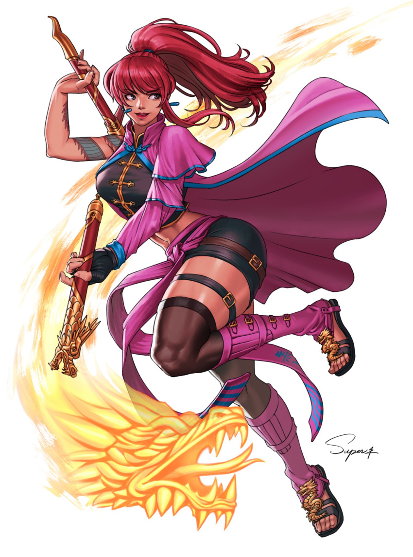 1girl belt dragon dress earrings highres jewelry killer_instinct kim_wu looking_to_the_side martial_arts nunchaku pink_dress ponytail red_hair superbull164164 thick_thighs thighs weapon