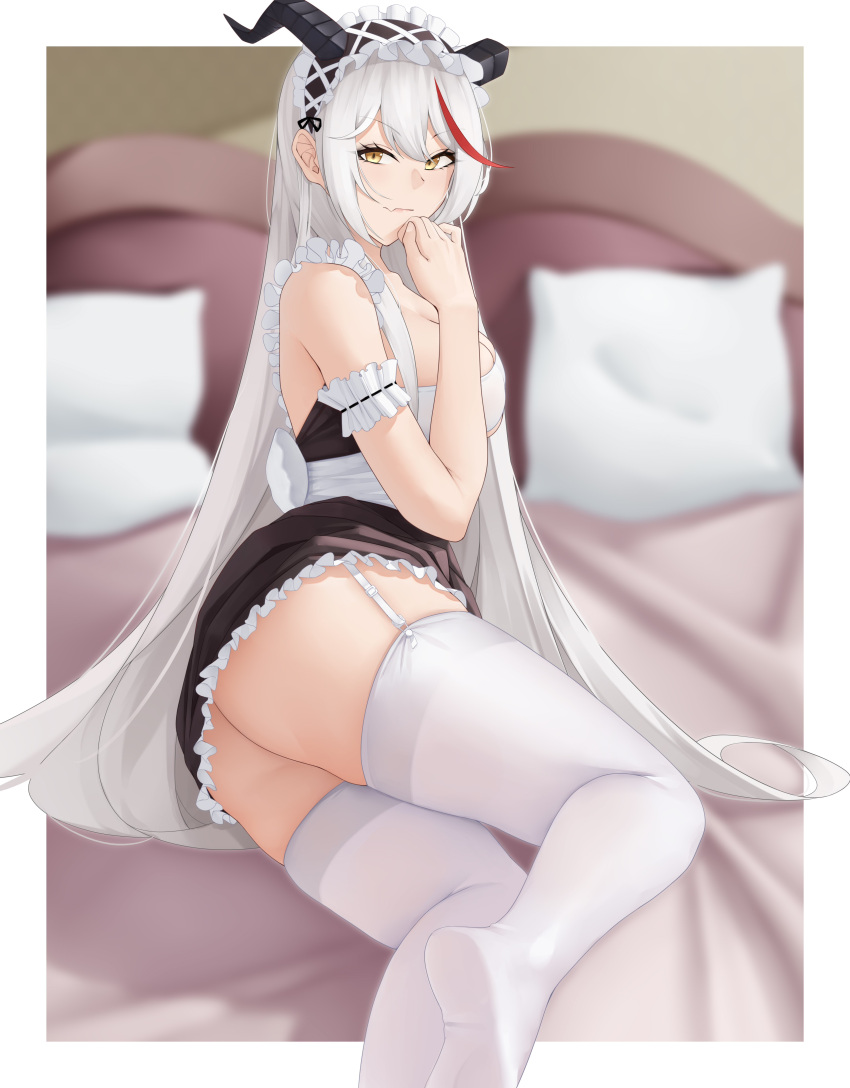 1girl absurdres aegir_(azur_lane) aegir_(iron_blood's_dragon_maid)_(azur_lane) azur_lane bangs bed bedroom blurry breasts closed_mouth dragon_girl dragon_horns feet_out_of_frame garter_straps hand_on_own_chin highres horns large_breasts lips long_hair looking_at_viewer lying maid maid_headdress multicolored_hair nya_cot official_alternate_costume on_side pillow sideboob simple_background solo streaked_hair thighhighs thighs white_hair white_thighhighs yellow_eyes
