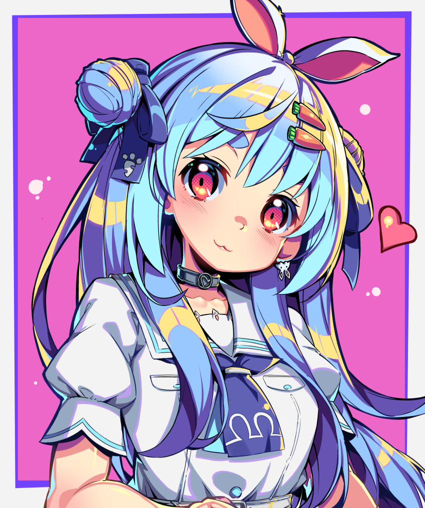 1girl :3 absurdres animal_ear_fluff animal_ears blue_hair blue_neckerchief blush bunny_earrings carrot_hair_ornament chai_mao choker earrings food-themed_hair_ornament hair_ornament hairclip heart highres hololive jewelry long_hair looking_at_viewer neckerchief official_alternate_costume puffy_short_sleeves puffy_sleeves rabbit_ears rabbit_girl red_eyes sailor_collar shirt short_sleeves solo thick_eyebrows upper_body usada_pekora virtual_youtuber white_sailor_collar white_shirt