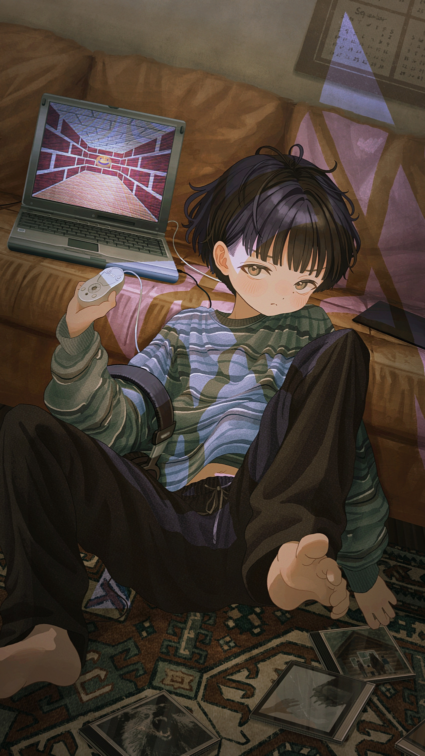 1boy absurdres barefoot black_hair black_pants brown_eyes calendar_(object) computer couch dutch_angle feet full_body highres holding_mouse_(computer) indoors laptop long_sleeves looking_at_viewer male_child male_focus maze mouse_(computer) original pants sasakure_(mogunonbi) windows windows_95