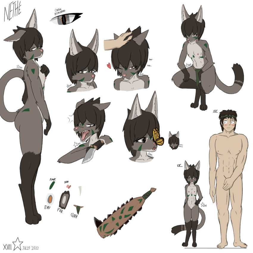 anthro bodypaint felid feline female flat_chested hi_res human knife macuahuitl male male/female mammal markings multicolored_eyes nude size_difference tribal tribal_markings xvii_(artist)