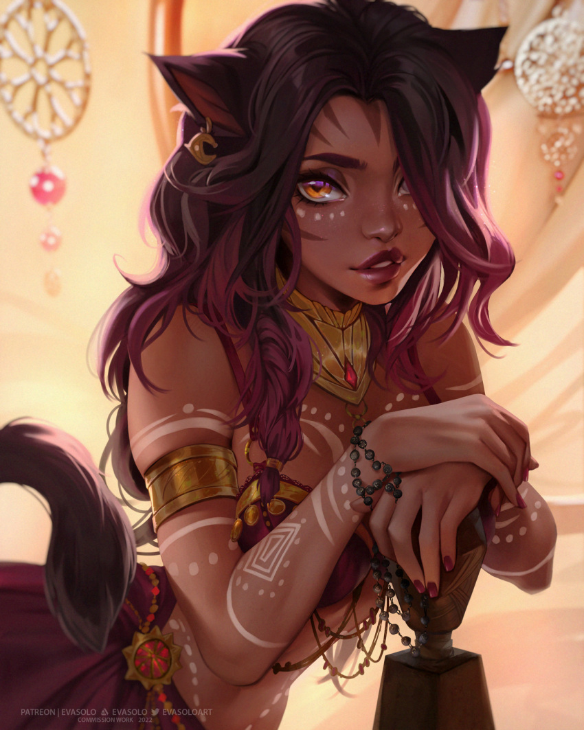 1girl animal_ears arm_tattoo armlet avatar_(ff14) black_hair blurry blurry_background brace bracelet brown_eyes cat_ears cat_tail chest_tattoo commission dark-skinned_female dark_skin earrings english_commentary eva_solo facial_mark facial_tattoo final_fantasy final_fantasy_xiv gradient_hair hair_over_one_eye hand_rest highres jewelry lips long_hair looking_at_viewer miqo'te multicolored_hair parted_lips purple_hair purple_lips red_nails solo stomach stomach_tattoo tail tattoo tribal_tattoo