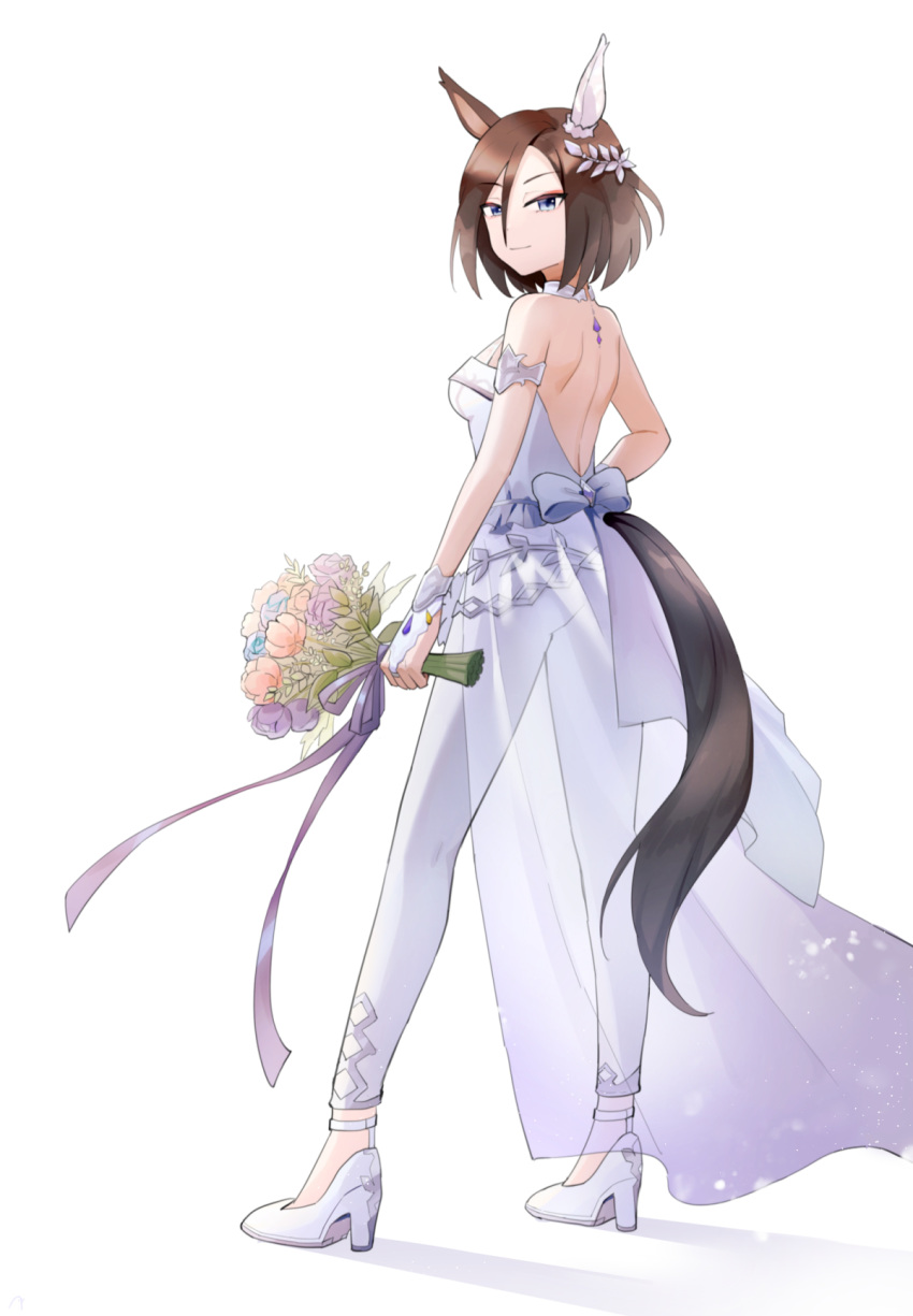 1girl air_groove_(quercus_civilis)_(umamusume) air_groove_(umamusume) animal_ears bare_shoulders blooming_maiden's_june_pride_(umamusume) blue_eyes bouquet bride brown_hair chinese_commentary commentary_request dress ear_covers english_commentary flower from_side full_body hair_between_eyes hair_flower hair_ornament high_heels highres holding holding_bouquet horse_ears horse_girl looking_at_viewer mixed-language_commentary official_alternate_costume purple_flower purple_rose qi'e_(penguin) rose short_hair simple_background solo umamusume wedding_dress white_background white_dress white_footwear