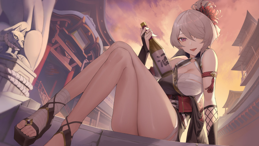 1girl :d absurdres architecture bangs black_gloves black_kimono bottle breasts brown_hair cleavage cloud cloudy_sky crossed_legs east_asian_architecture fingerless_gloves flip-flops flower gloves hair_bun hair_flower hair_ornament hair_over_one_eye highres holding holding_bottle honkai_(series) honkai_impact_3rd japanese_clothes jliaan kimono looking_at_viewer on_floor open_mouth outdoors purple_eyes rita_rossweisse rita_rossweisse_(umbral_rose) sandals sarashi single_hair_bun sitting sky smile solo statue sunset temple thighs toes wine_bottle