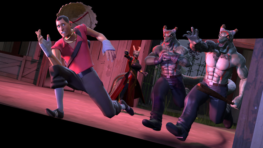 16:9 3d_(artwork) anthro clothed clothing digital_media_(artwork) dragon dragon_(petruz) female gloves group handwear hat headgear headwear hi_res human humanoid looking_at_another looking_back mafia male male/female mammal melee_weapon muscular muscular_anthro muscular_male photolol.03 reptile running scalie scout_(team_fortress_2) source_filmmaker team_fortress_2 valve video_games weapon widescreen