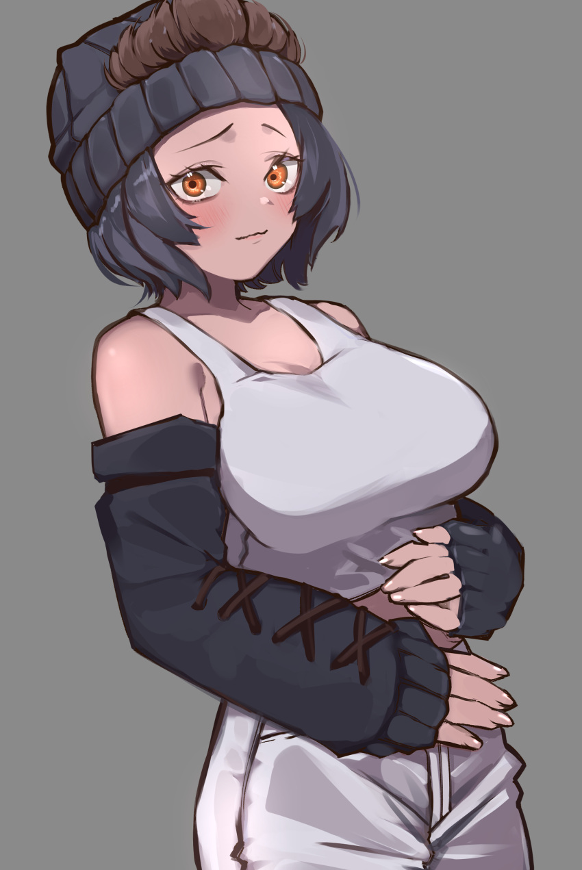1girl a888_n22 absurdres animal_costume black_hair blush breasts brown_hair closed_mouth elbow_gloves gloves gorilla_(kemono_friends) grey_background hat highres kemono_friends large_breasts looking_at_viewer multicolored_hair orange_eyes pants shirt short_hair simple_background solo tank_top white_pants white_shirt