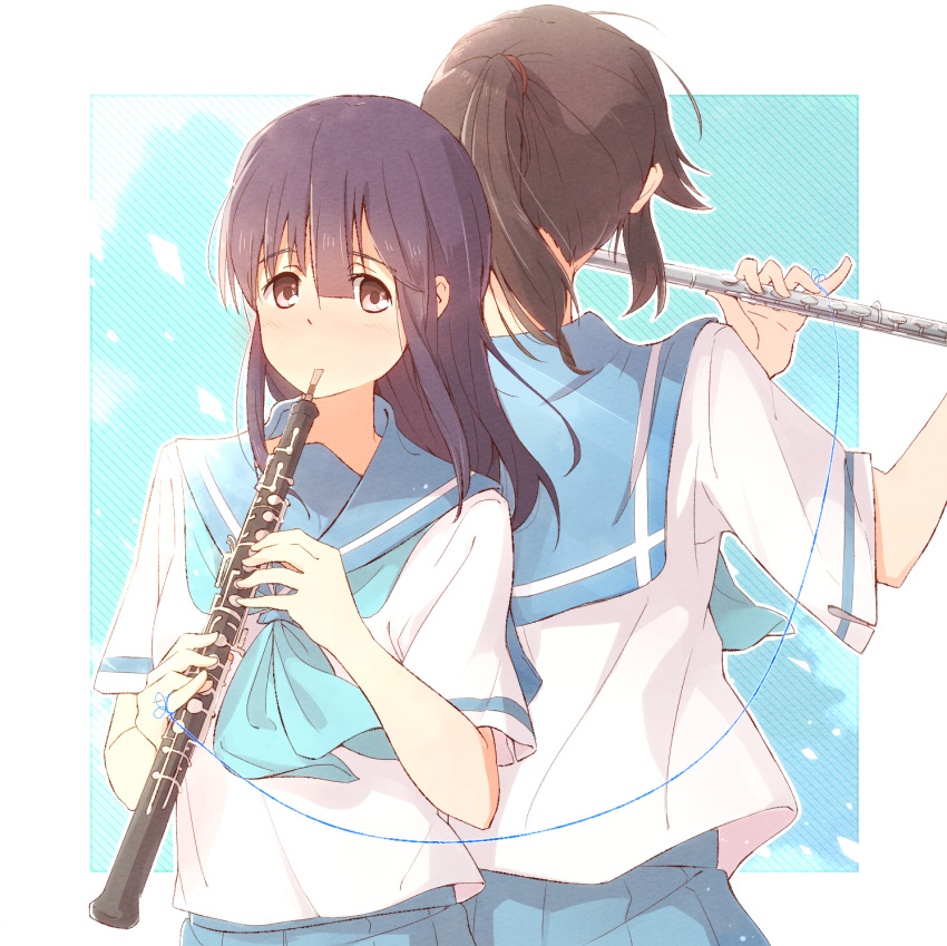 2girls bangs black_hair blue_hair blue_neckerchief blue_sailor_collar blue_skirt blush facing_away flute hands_up hibike!_euphonium highres holding holding_instrument instrument kasaki_nozomi kitauji_high_school_uniform liz_to_aoi_tori long_hair looking_at_viewer multiple_girls music neckerchief oboe pink_eyes playing_instrument pleated_skirt ponytail sailor_collar sawara65 school_uniform serafuku shirt short_sleeves skirt standing string string_of_fate white_shirt yoroizuka_mizore