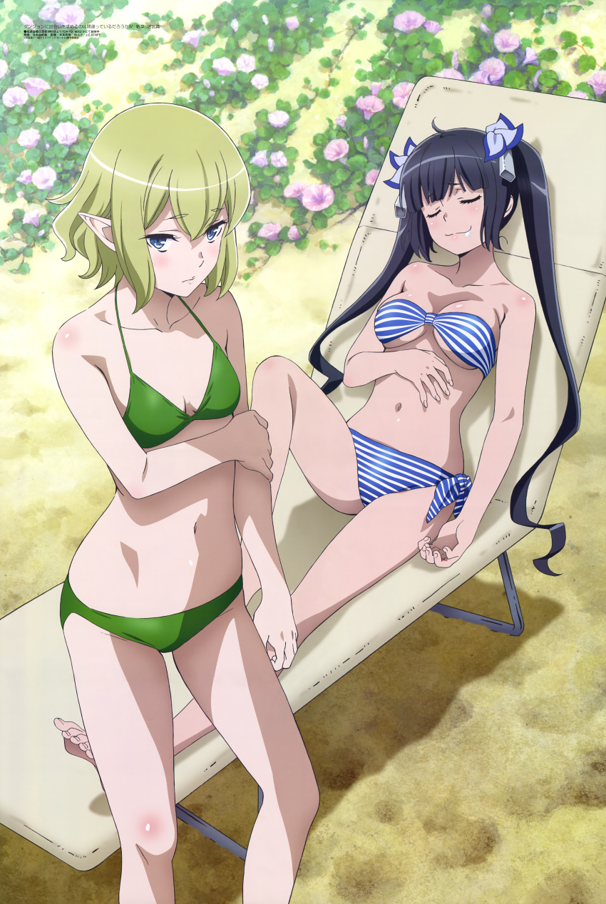 2girls absurdres beach_chair bikini black_hair blush breasts closed_eyes dungeon_ni_deai_wo_motomeru_no_wa_machigatteiru_darou_ka elf green_hair hestia_(danmachi) highres large_breasts long_hair lying magazine_scan megami_magazine midriff multiple_girls navel official_art pointy_ears ryu_lion saliva scan short_hair sleeping small_breasts striped striped_swimsuit swimsuit thighs underboob