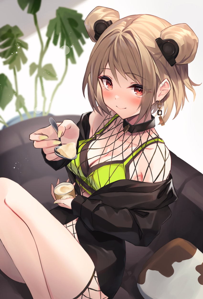 1girl bikini bodysuit breasts diieru double_bun earrings fishnet_bodysuit fishnets food girls'_frontline green_bikini hair_bun highres holding holding_food holding_spoon jewelry light_brown_hair medium_breasts official_alternate_costume p90_(girls'_frontline) p90_(the_girl_from_b.e.l)_(girls'_frontline) plant potted_plant red_eyes sitting solo spoon swimsuit yellow_nails