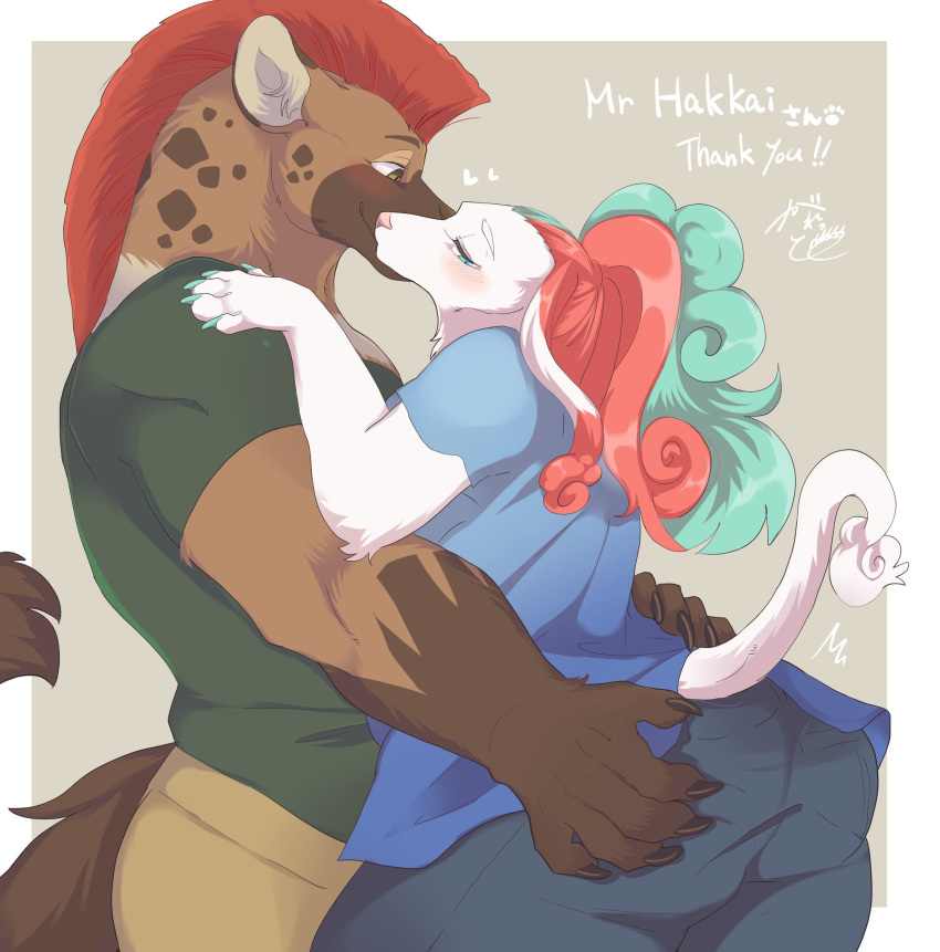 anthro big_butt blue_eyes blush brown_body brown_eyes brown_fur butt butt_grab canid canine canis chubby_female clothing colored_nails domestic_dog duo ear_tuft female fur fur_markings galette hand_on_butt hearts_around_body hi_res highlights_(coloring) hyaenid hybrid inner_ear_fluff kissing_cheek large_paws larger_male male male/female mammal manna-mint markings mohawk mr.hakkai muscular muscular_male nails poodle size_difference smile split_color spots spotted_body spotted_fur thick_thighs tuft ursid white_body white_fur