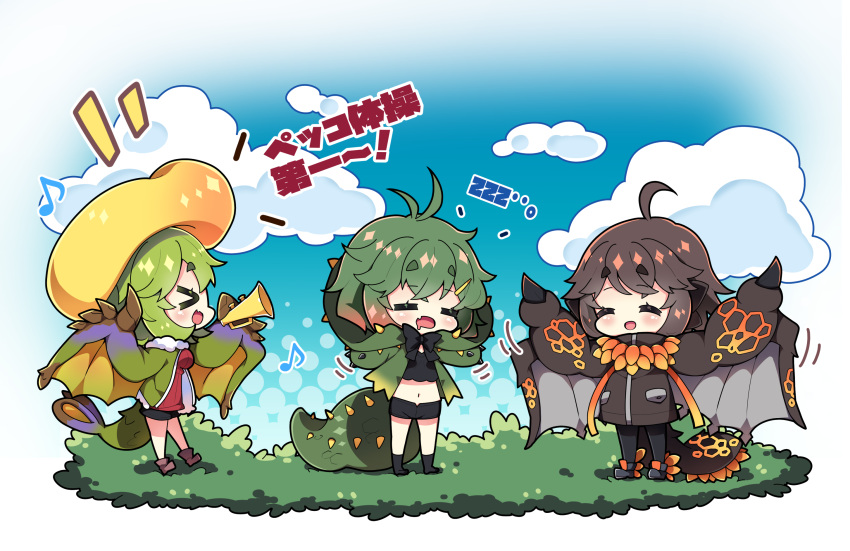 &gt;_&lt; 3girls :d ^_^ ahoge antenna_hair bazelgeuse beret black_capelet black_footwear black_jacket black_shirt black_shorts blue_sky breasts brown_footwear brown_hair capelet chibi closed_eyes cloud commentary_request day deviljho eighth_note fang green_hair green_jacket grey_wings hat highres holding holding_instrument hood hood_down hooded_capelet instrument jacket medium_breasts midriff milkpanda monster_hunter_(series) multiple_girls musical_note navel no_shoes notice_lines outdoors pantyhose personification profile qurupeco red_shirt shirt shoes short_eyebrows short_shorts shorts sky sleeping smile socks spiked_tail tail thick_eyebrows translation_request trumpet wings xd yellow_headwear yellow_wings zzz