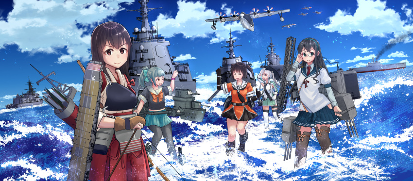 5girls ahoge aircraft aircraft_request airplane akagi_(kancolle) akitsushima_(kancolle) apron arrow_(projectile) black_gloves black_hair black_pantyhose black_shirt black_skirt blue_sailor_collar blue_skirt blue_sky bow bow_(weapon) bowtie brown_gloves closed_eyes cloud commentary_request day flight_deck glasses gloves green_hairband green_skirt grey_hair grey_sailor_collar hahaha hairband hakama hakama_short_skirt hakama_skirt highres japanese_clothes kantai_collection long_hair machinery midriff military military_uniform multiple_girls muneate necktie ooyodo_(kancolle) orange_bow orange_bowtie orange_serafuku orange_shirt outdoors pantyhose partially_fingerless_gloves pleated_skirt quiver red_hakama red_necktie sailor_collar school_uniform sendai_(kancolle) serafuku ship shirt side_ponytail single_glove skirt sky straight_hair thighhighs two_side_up uniform water watercraft waves weapon white_thighhighs yugake yuubari_(kancolle)