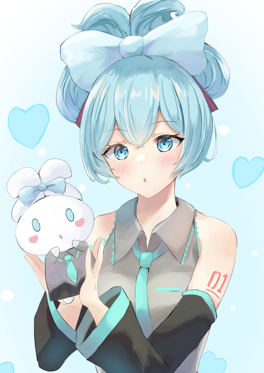 1girl :o absurdres alternate_hairstyle aqua_bow aqua_eyes aqua_hair aqua_nails arm_tattoo bare_shoulders black_sleeves blue_background blush blush_stickers bow breast_pocket cinnamiku cinnamoroll collared_shirt detached_sleeves eyelashes gradient gradient_background grey_shirt hair_bow hands_up hatsune_miku heart highres holding kunizaki long_hair long_sleeves looking_at_viewer nail_polish number_tattoo parted_lips pocket rabbit sanrio shirt sleeveless sleeveless_shirt tattoo tied_ears updo upper_body vocaloid wide_sleeves wing_collar