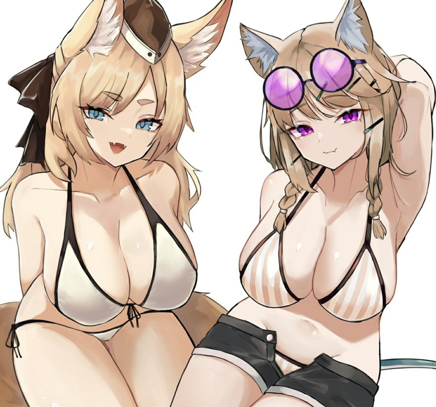 2girls animal_ears arknights arm_up armpits blue_eyes breasts closed_mouth fang hair_ornament hairclip hat highres large_breasts long_hair looking_at_viewer multiple_girls open_mouth purple_eyes ribbon shorts simple_background skin_fang sunglasses swimsuit tail unknownnoname0 utage_(arknights) utage_(summer_flowers)_(arknights) whislash_(arknights) white_background