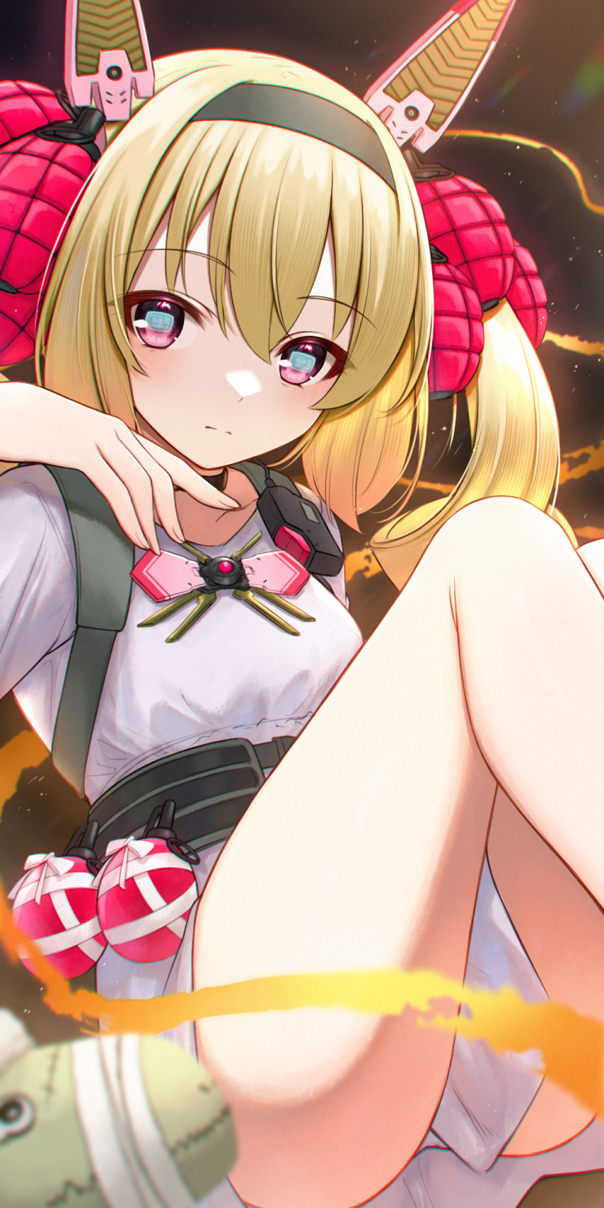 1girl akky_(akimi1127) bangs black_hairband blonde_hair blurry blurry_foreground breasts closed_mouth commentary_request depth_of_field dress feet_out_of_frame grenade_hair_ornament hair_between_eyes hairband hand_up headgear highres ikine_tomeru indie_virtual_youtuber knees_up panties purple_eyes short_sleeves small_breasts solo twintails underwear virtual_youtuber white_dress white_panties