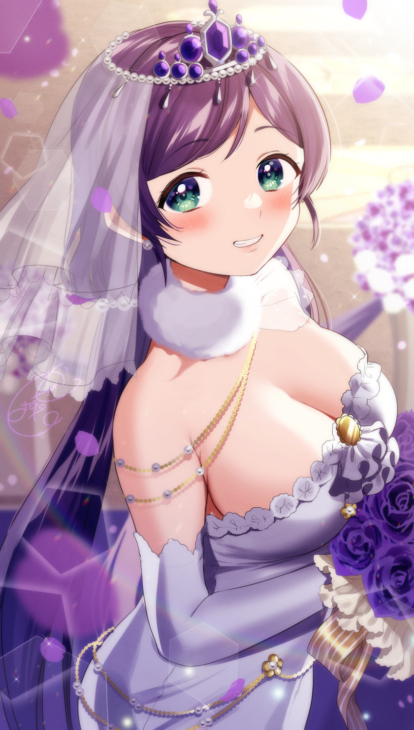 1girl absurdres backlighting bangs bare_shoulders blush bouquet breasts bridal_veil cleavage commentary_request dress earrings elbow_gloves flower from_side fur_collar gem gloves green_eyes grey_dress grey_gloves grin highres holding holding_bouquet jewelry kazepana large_breasts lens_flare long_hair looking_at_viewer looking_to_the_side love_live! low_twintails petals purple_flower purple_gemstone purple_rose rose see-through smile solo strapless strapless_dress swept_bangs tiara toujou_nozomi twintails upper_body veil very_long_hair wedding_dress
