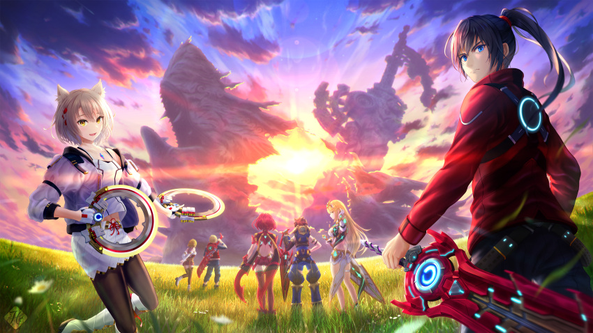 3boys 4girls absurdres aegis_sword_(xenoblade) black_hair blonde_hair boots brown_hair chakram chest_jewel diving_helmet dual_wielding fingerless_gloves fiora_(xenoblade) from_behind gloves grey_hair hanegaito helmet highres holding holding_sword holding_weapon jacket looking_back mio_(xenoblade) monado multiple_boys multiple_girls mythra_(xenoblade) noah_(xenoblade) pantyhose ponytail pyra_(xenoblade) red_hair red_jacket reverse_grip rex_(xenoblade) shorts shulk_(xenoblade) sunset sword thighhighs weapon weapon_on_back white_jacket wind xenoblade_chronicles_(series) xenoblade_chronicles_1 xenoblade_chronicles_2 xenoblade_chronicles_3
