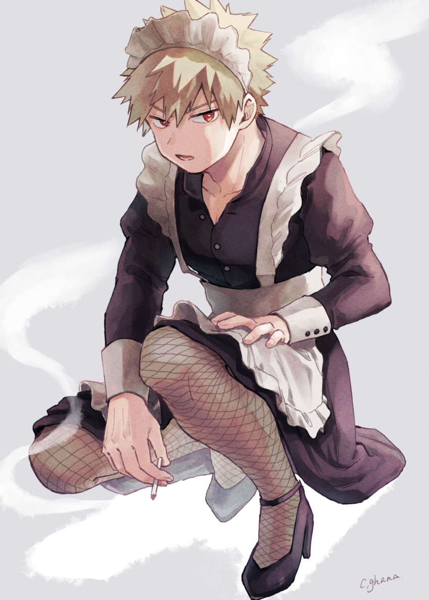 1boy adcalcium alternate_costume apron bakugou_katsuki black_dress black_footwear blonde_hair boku_no_hero_academia cigarette collarbone commentary_request crossdressing dress enmaided fishnet_legwear fishnets full_body grey_background hand_on_own_thigh high_heels highres holding holding_cigarette long_sleeves looking_at_viewer maid maid_apron maid_headdress male_focus open_mouth red_eyes short_hair simple_background smoke solo spiked_hair squatting