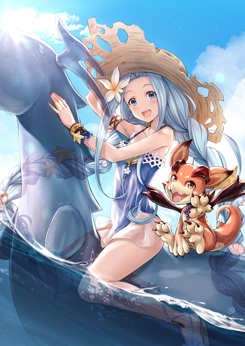 1girl bare_shoulders blue_eyes blue_hair blue_swimsuit bracelet creature flower gladiator_sandals granblue_fantasy hair_flower hair_ornament hand_on_headwear hat highres inflatable_toy jewelry kamishiro_mai_(capti-no) long_hair lyria_(granblue_fantasy) ocean one-piece_swimsuit sandals solo_focus straw_hat summer sun_hat swimsuit very_long_hair vyrn_(granblue_fantasy)