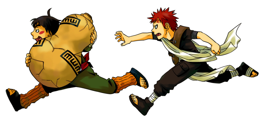 2boys aqua_eyes bandaged_hand bandaged_leg bandages black_hair black_shirt blush bowl_cut chasing facial_tattoo fishnet_shirt full_body gaara_(naruto) green_jumpsuit green_pants holding_gourd jumpsuit leg_warmers male_focus multiple_boys naruto_(series) open_mouth outstretched_arm pants red_hair rock_lee running sandals sash shirt short_hair shoulder_strap spiked_hair tattoo thick_eyebrows toeless_footwear torimaru-douhu white_background white_sash