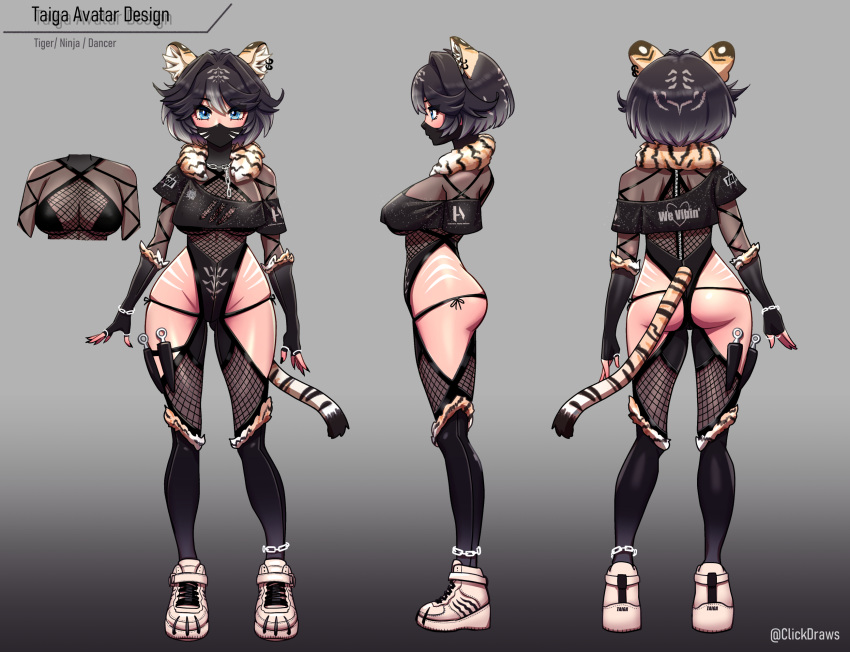 1girl animal_ears black_hair blue_eyes breasts clickdraws fishnets gloves highres large_breasts mask ninja reference_sheet self_upload shoes sneakers tail tiger_ears tiger_girl virtual_youtuber