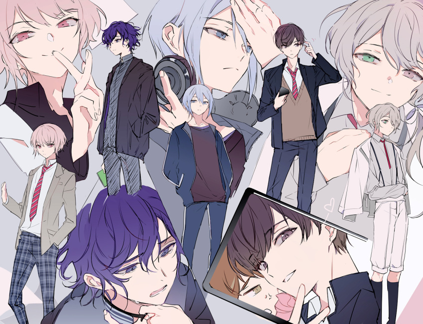 25-ji_night_code_de._(project_sekai) 6+boys akiyama_mizuki anger_vein asahina_mafuyu blue_eyes brothers brown_eyes brown_hair clenched_teeth closed_mouth cropped_legs dot_mouth expressionless genderswap genderswap_(ftm) genderswap_(otm) green_eyes grey_hair grin hand_in_pocket hand_up hands_in_pockets hatsune_miku heterochromia jacket jacket_on_shoulders light_blue_hair light_smile looking_at_viewer lower_teeth multiple_boys necktie open_mouth pants pink_eyes pink_hair plaid plaid_pants project_sekai purple_eyes purple_hair red_necktie shinonome_akito shinonome_ena short_hair shorts siblings smile standing striped_necktie suou suspender_shorts suspenders teeth v very_short_hair vocaloid wavy_hair yoisaki_kanade
