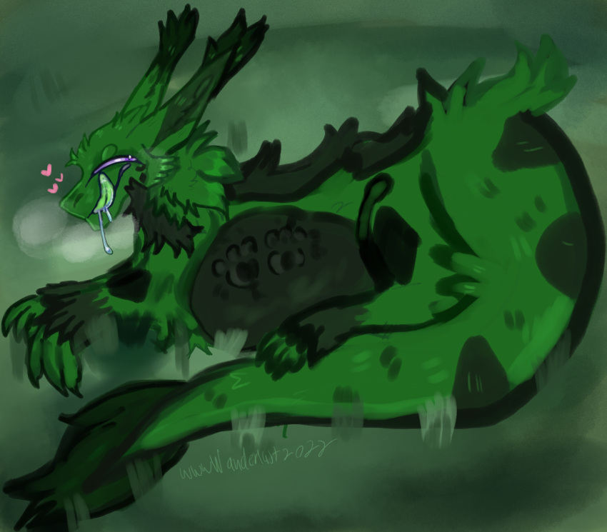 &lt;3 2022 abdominal_bulge absurd_res after_vore ambiguous_gender belly big_belly big_ears bodily_fluids digital_media_(artwork) dragon ear_tuft feral footprint fur furred_dragon green_body green_fur green_tongue hi_res laying_on_grass laying_on_ground pawprint paws purple_eyes saliva saliva_string scalie simple_background smile soft_vore tongue tuft vore wanderlustzing