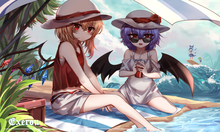 4girls absurdres alternate_costume bare_shoulders bat_wings beach between_legs blonde_hair blue_bow blue_dress blue_hair bow cirno closed_mouth contemporary cup daiyousei day dress drinking_straw fairy_wings fang flandre_scarlet green_hair hair_between_eyes hair_bow hand_between_legs hat hat_ribbon highres holding holding_cup looking_at_viewer medium_hair mouth_hold multicolored_wings multiple_girls on_ground open_mouth outdoors pinafore_dress puffy_short_sleeves puffy_sleeves purple_hair red_eyes red_ribbon red_shirt remilia_scarlet ribbon shirt short_sleeves shorts sitting sleeveless sleeveless_shirt striped_towel sunglasses surfing top-exerou touhou towel water waves white_dress white_headwear white_shirt white_shorts white_towel wings