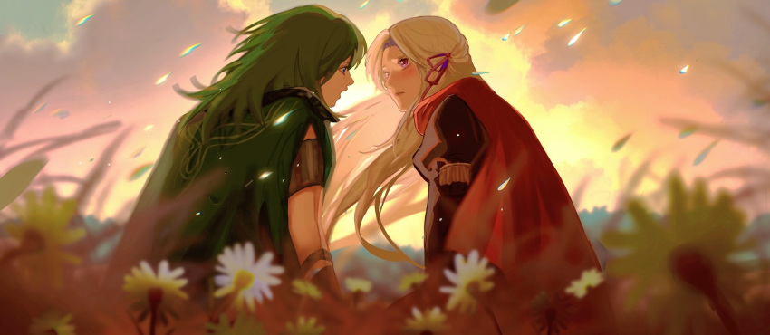 2girls armband bangs blonde_hair blurry blush byleth_(fire_emblem) byleth_(fire_emblem)_(female) cape caro_blackteaw cloud cloudy_sky commentary daisy depth_of_field edelgard_von_hresvelg eye_contact fire_emblem fire_emblem:_three_houses floating_hair flower fringe_trim from_behind garreg_mach_monastery_uniform grass green_cape green_hair hair_ribbon half_updo highres long_hair looking_at_another meadow medium_hair multiple_girls on_grass open_mouth outdoors parted_lips purple_eyes red_cape ribbon scenery sitting sky sunset upper_body white_flower yuri