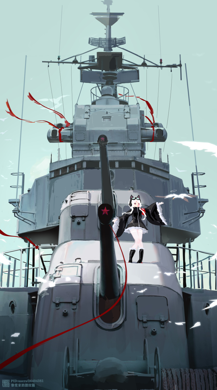 1girl absurdres animal_ears azur_lane bird black_footwear blue_sky boots cannon cat_ears chang_chun_(azur_lane) chinese_commentary cloud commentary_request fake_animal_ears goggles goggles_on_head high_collar highres knees_together_feet_apart liwendala long_sleeves military military_vehicle outdoors outstretched_arm pantyhose pigeon-toed purple_eyes scenery seagull ship short_hair_with_long_locks sky solo thighhighs warship watercraft white_hair white_pantyhose white_thighhighs wide_sleeves zettai_ryouiki