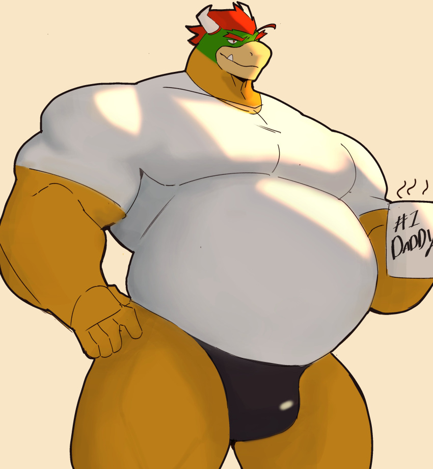 2022 absurd_res anthro barazoku belly big_belly big_muscles bowser bulge clothed clothing coffee_mug container daddy_kink english_text eyebrows hair hi_res holding_mug holding_object horn huge_muscles koopa male mario_bros mug musclegut muscular muscular_anthro muscular_male nintendo number overweight overweight_anthro overweight_male pecs scalie shaded shirt simple_background small_head smile solo standing steam teeth text thick_thighs thong tkckid topwear underwear video_games white_background