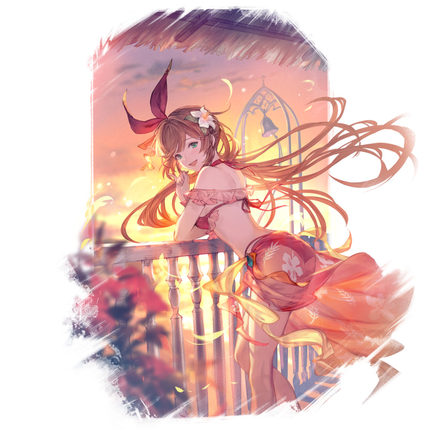 1girl alpha_transparency ass bangs bare_shoulders bell bikini breasts clarisse_(granblue_fantasy) cloud flower granblue_fantasy hair_flower hair_ornament halter_top halterneck long_hair looking_at_viewer looking_back medium_breasts minaba_hideo official_art open_mouth orange_hair red_bikini sarong sideboob sky smile solo sunset swimsuit transparent_background white_flower