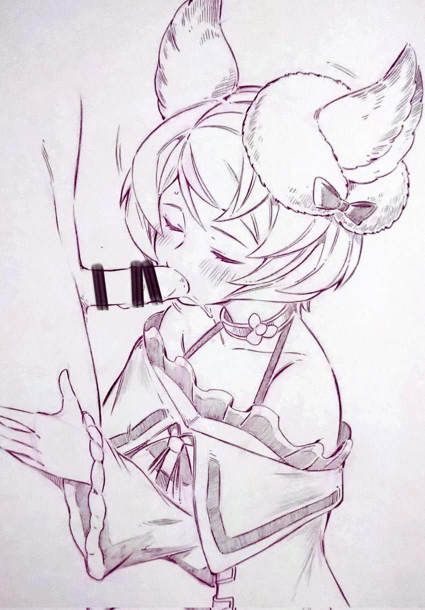 1boy 1girl animal_ears bar_censor blush bow censored choker closed_eyes clothed_female_nude_male collarbone commentary_request erune fellatio granblue_fantasy hair_ornament hetero highres long_sleeves monochrome nude oral short_hair sutera_(granblue_fantasy) traditional_media tsukareta_san