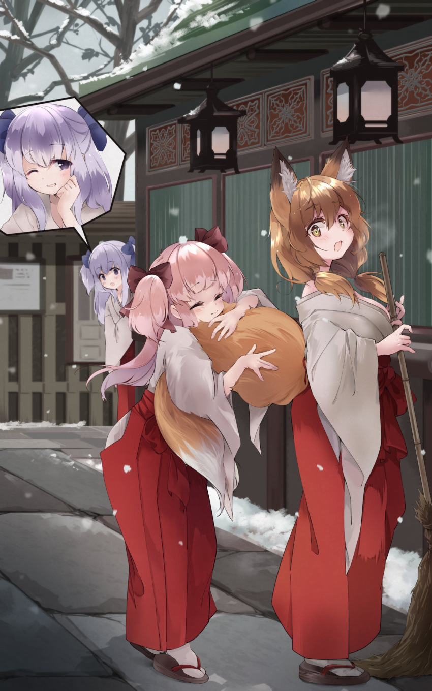 3girls :o absurdres animal_ear_fluff animal_ears bamboo_broom bangs bare_tree black_ribbon blonde_hair breath broom closed_eyes commentary_request commission day fox_ears fox_tail hair_between_eyes hair_ribbon hakama hakama_skirt highres hip_vent japanese_clothes light_purple_hair long_hair long_sleeves low_twintails making-of_available miko multiple_girls nanana_(nanana_iz) open_mouth original outdoors peeking_out pink_hair purple_eyes ribbon skeb_commission skirt snow snowing tabi tail tail_hug tree twintails wide_sleeves winter yellow_eyes zouri