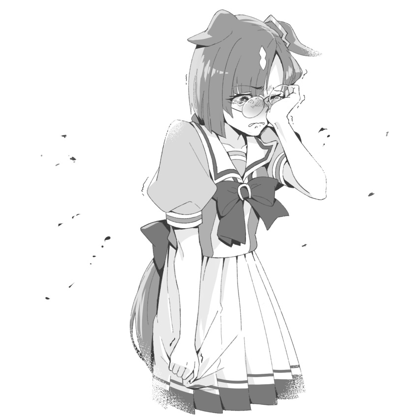 1girl animal_ears asymmetrical_bangs bangs biting bow bowtie ears_down glasses greyscale highres horse_ears horse_girl horse_tail ikuno_dictus_(umamusume) lip_biting monochrome pleated_skirt puffy_short_sleeves puffy_sleeves round_eyewear sailor_collar short_sleeves sinnra_art skirt skirt_tug solo tail tearing_up tears trembling umamusume upper_body wiping_tears