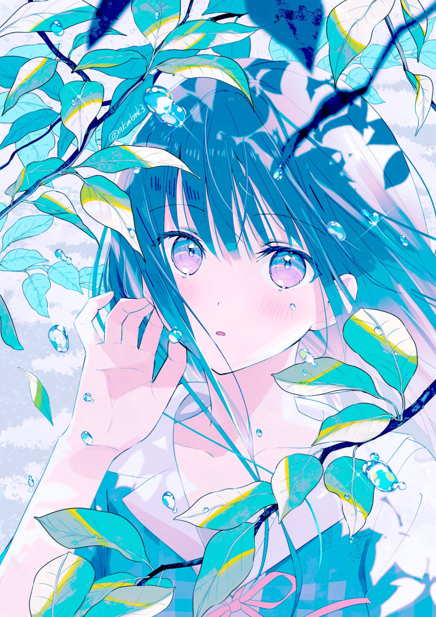 1girl akamoku artist_name bangs banned_artist black_hair blush branch collarbone commentary_request day hand_up highres leaf long_hair looking_at_viewer neck_ribbon original outdoors parted_lips ribbon shirt solo sparkle twitter_username upper_body water_drop