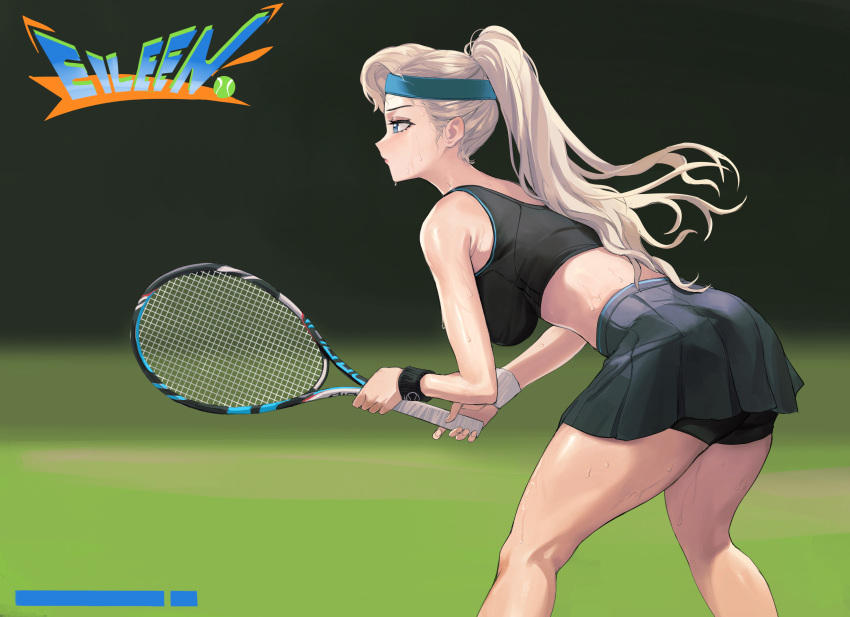 1girl a-soul absurdres bangs bare_shoulders bent_over bike_shorts black_shorts black_sports_bra blonde_hair blue_eyes blurry blurry_background chuck_(harfmoondark) eileen_(a-soul) eyelashes hair_blowing highres holding holding_racket leaning_forward looking_ahead messy_hair midriff miniskirt ponytail racket serious shorts shorts_under_skirt skirt sports_bra sportswear sweat sweatband swept_bangs tennis tennis_racket thighs