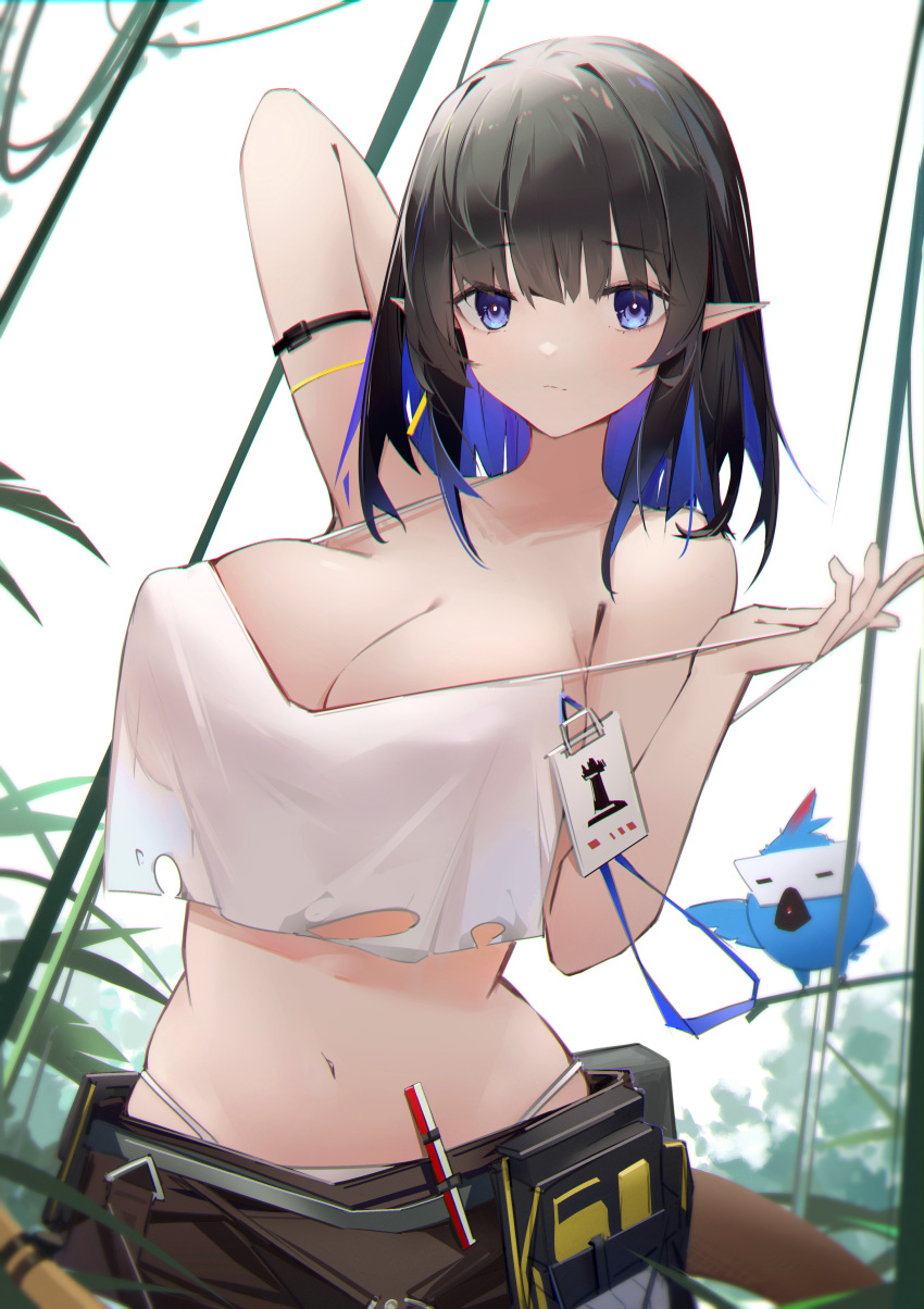 1girl absurdres arknights arm_strap arm_up bangs bare_arms bare_shoulders belt belt_pouch bird black_hair blue_eyes blue_hair blush breasts camisole chichi_guai cleavage closed_mouth collarbone colored_inner_hair commentary covered_nipples cowboy_shot crop_top crop_top_overhang eunectes_(arknights) eunectes_(forgemaster)_(arknights) hand_up high_priest_(arknights) highres large_breasts looking_at_viewer midriff multicolored_hair navel official_alternate_costume pointy_ears pouch pulled_by_self see-through short_hair simple_background snake_tail solo spaghetti_strap stomach strap_pull tail torn_clothes two-tone_hair undressing white_background