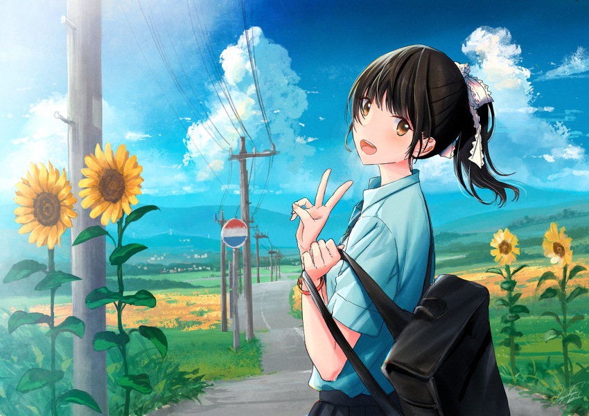 1girl :d bag bangs black_hair black_skirt blue_sky bracelet brown_eyes cloud commentary_request day flower hair_ribbon highres jewelry kazuharu_kina landscape looking_at_viewer mountainous_horizon open_mouth original outdoors ponytail power_lines ribbon road rural scenery school_bag school_uniform shirt signature skirt sky smile solo standing summer sunflower teeth uniform upper_teeth utility_pole vanishing_point white_shirt